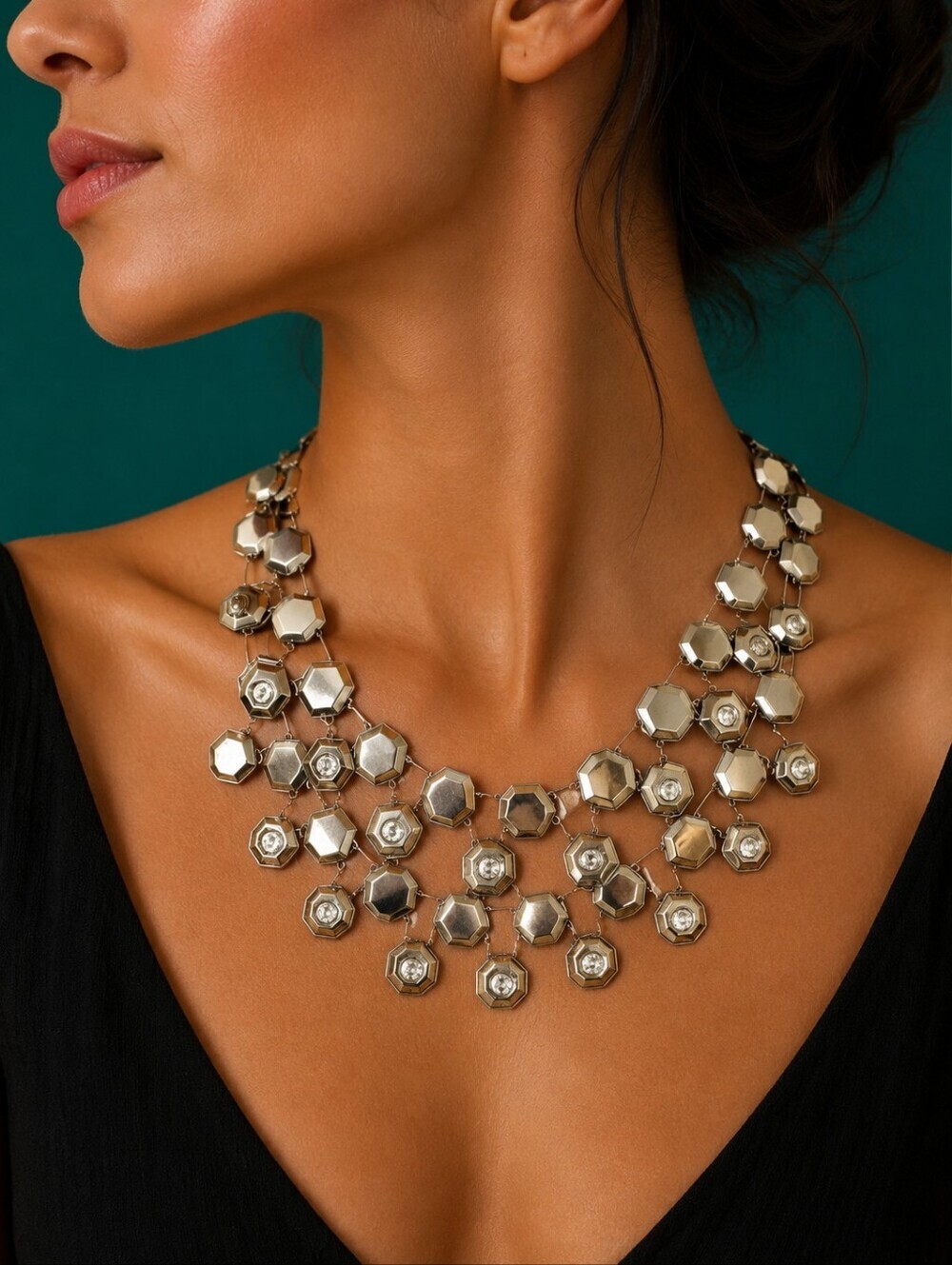 Vtg Metal Silvertone Octagon Honeycomb Layered Grunge Cascade Bib Necklace